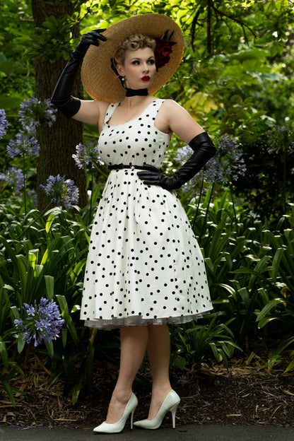 Amanda Scoop Neck Polka Dot Swing Dress in White-Black