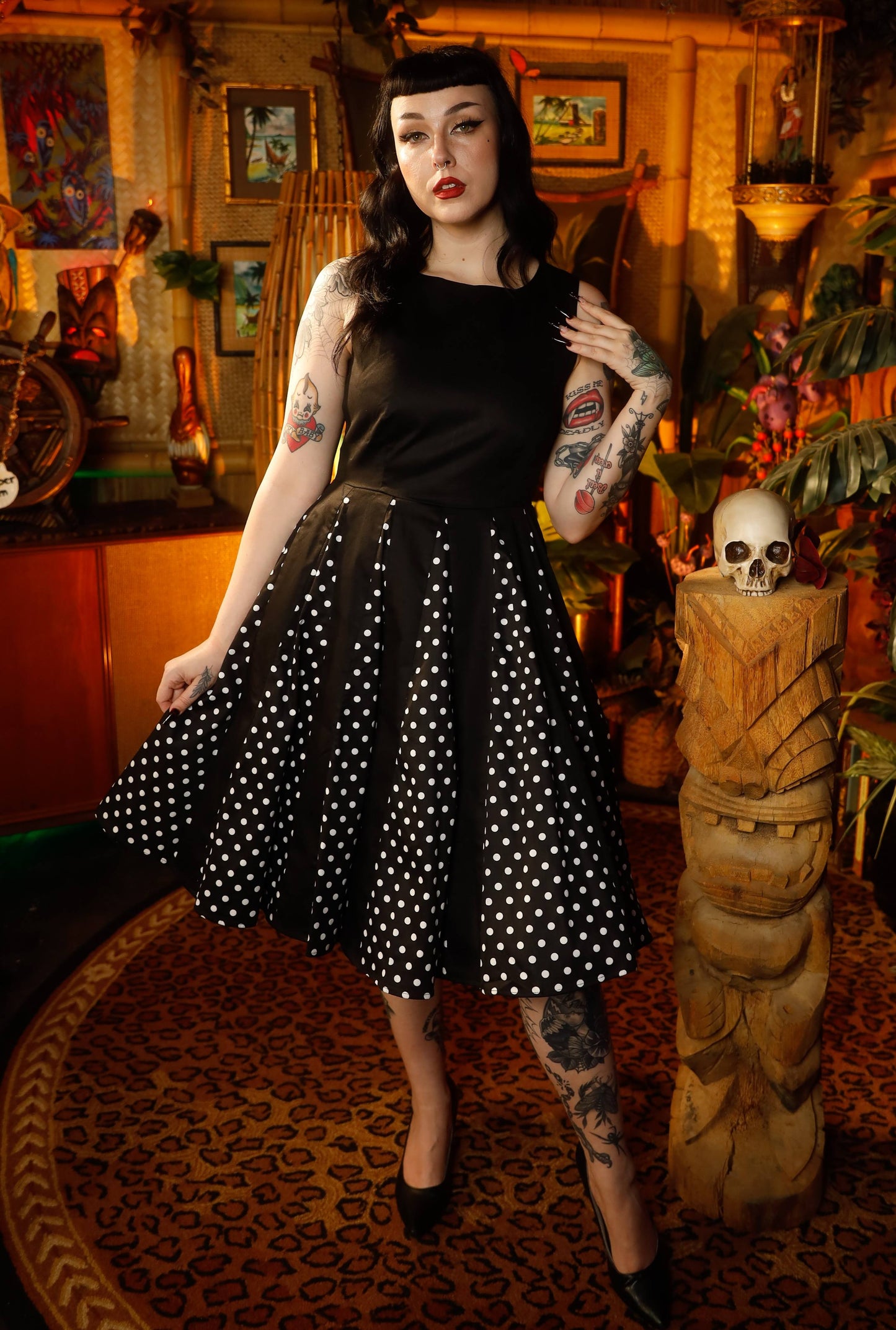 Judith Retro Pleated Black Dress With Polka Dots