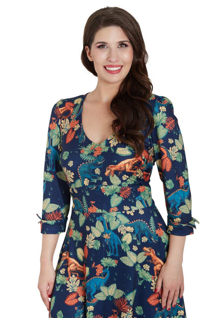 Katherine Long Sleeved Dress in Tropical Leaves/Dinosaurs