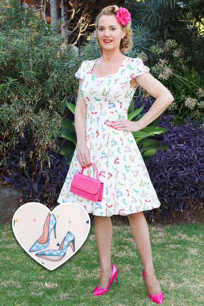 Claudia Cream Cap Sleeve Dress in Stiletto Print
