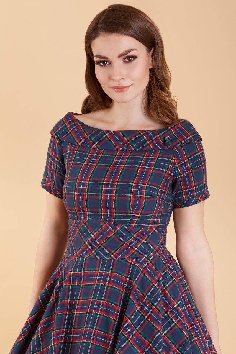 Darlene Retro Navy & Red Tartan Swing Dress