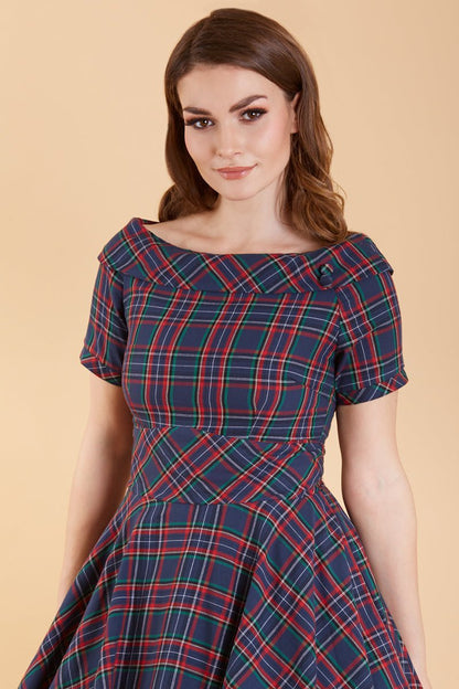 Darlene Retro Navy & Red Tartan Swing Dress