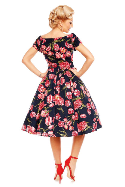 Lily Short Sleeved 50s Pleated Dress in Navy Tulip