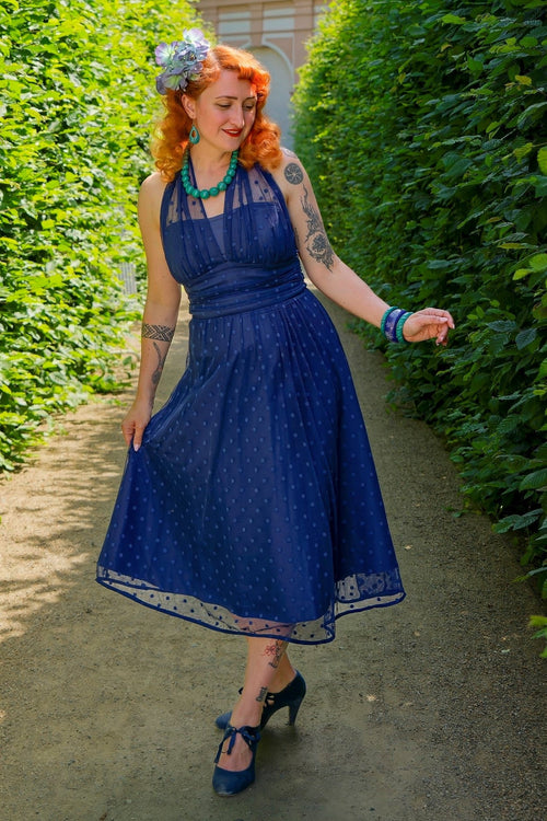 Dorothea Navy Blue Polka Dot Mesh Halter Dress