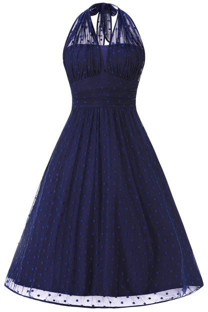Dorothea Navy Blue Polka Dot Mesh Halter Dress