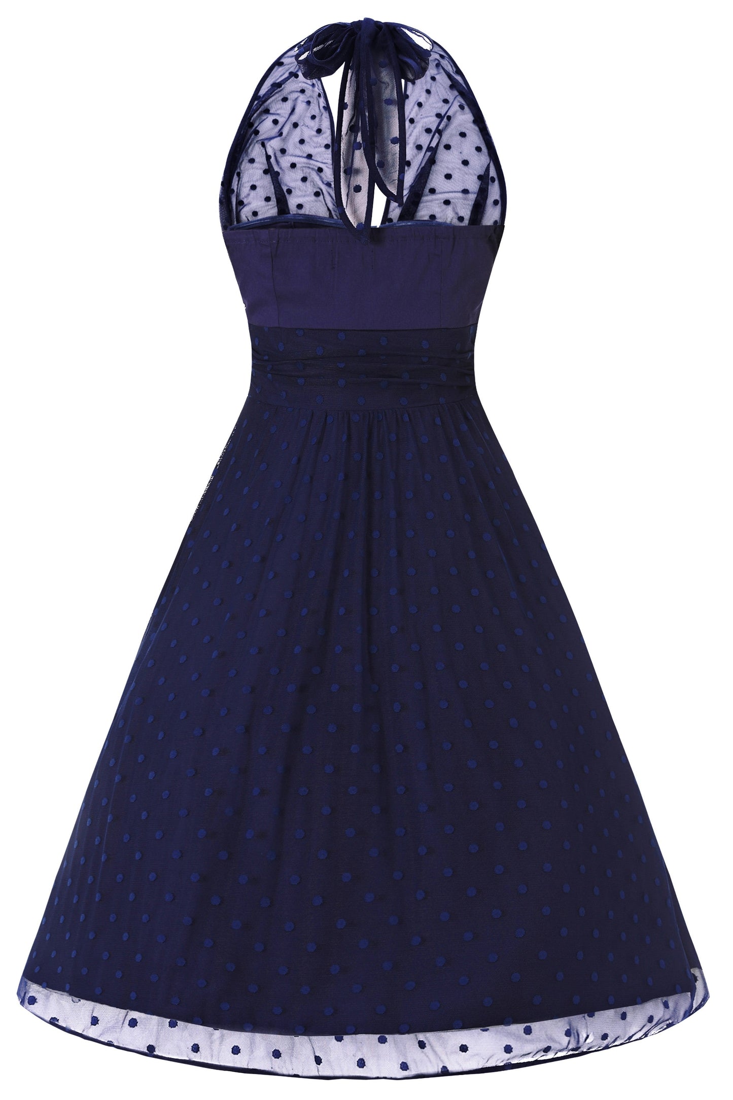 Dorothea Navy Blue Polka Dot Mesh Halter Dress