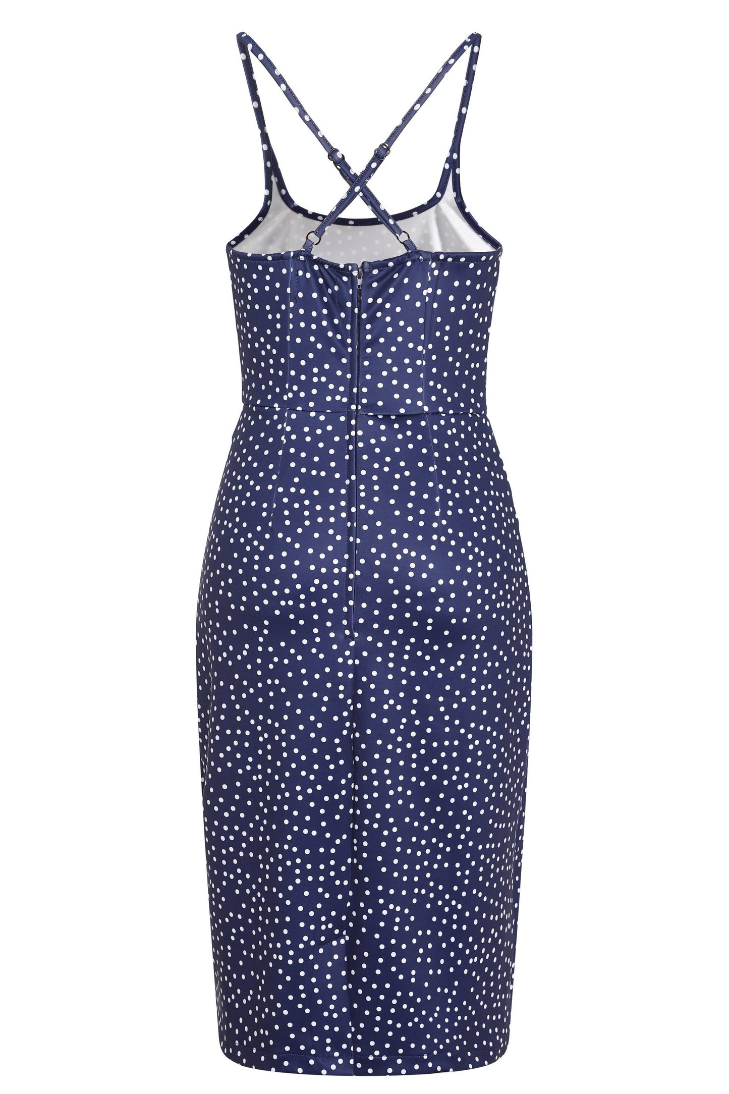 Norma Cross Strap Fitted Dress in Blue Polka Dots