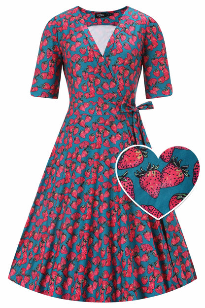 Matilda Strawberry Wrap Dress in Turquoise