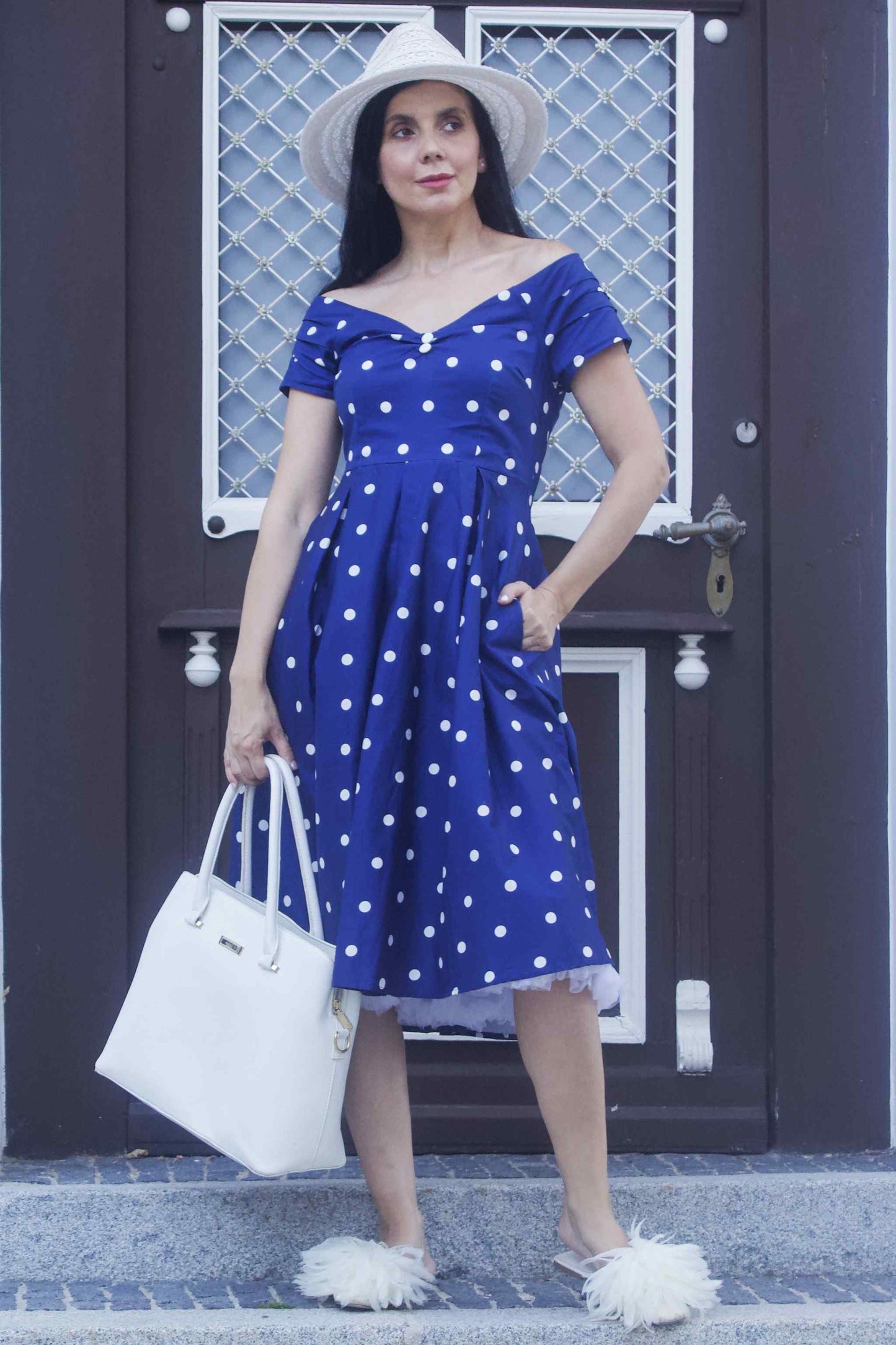 Lily Navy Blue Polka Dot Off Shoulder Circle Dress