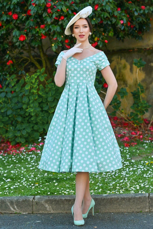 Lily Sage Polka Dot Off Shoulder Dress