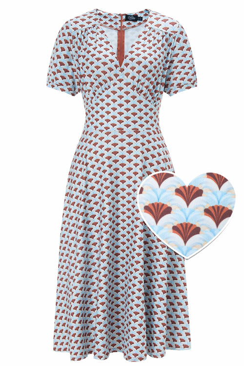 Julia 40s Light Blue Midi Dress In Seashell Print