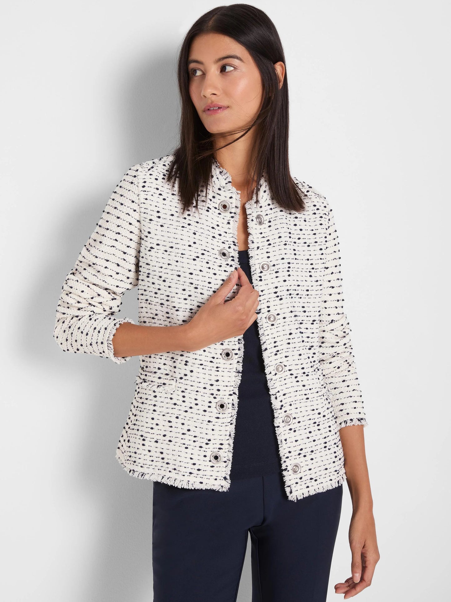 Nep Weave Military Fringe Mix Knit Jacket