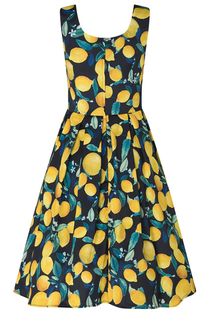 Amanda Vintage Flared Dress in Black/Yellow Lemon Print