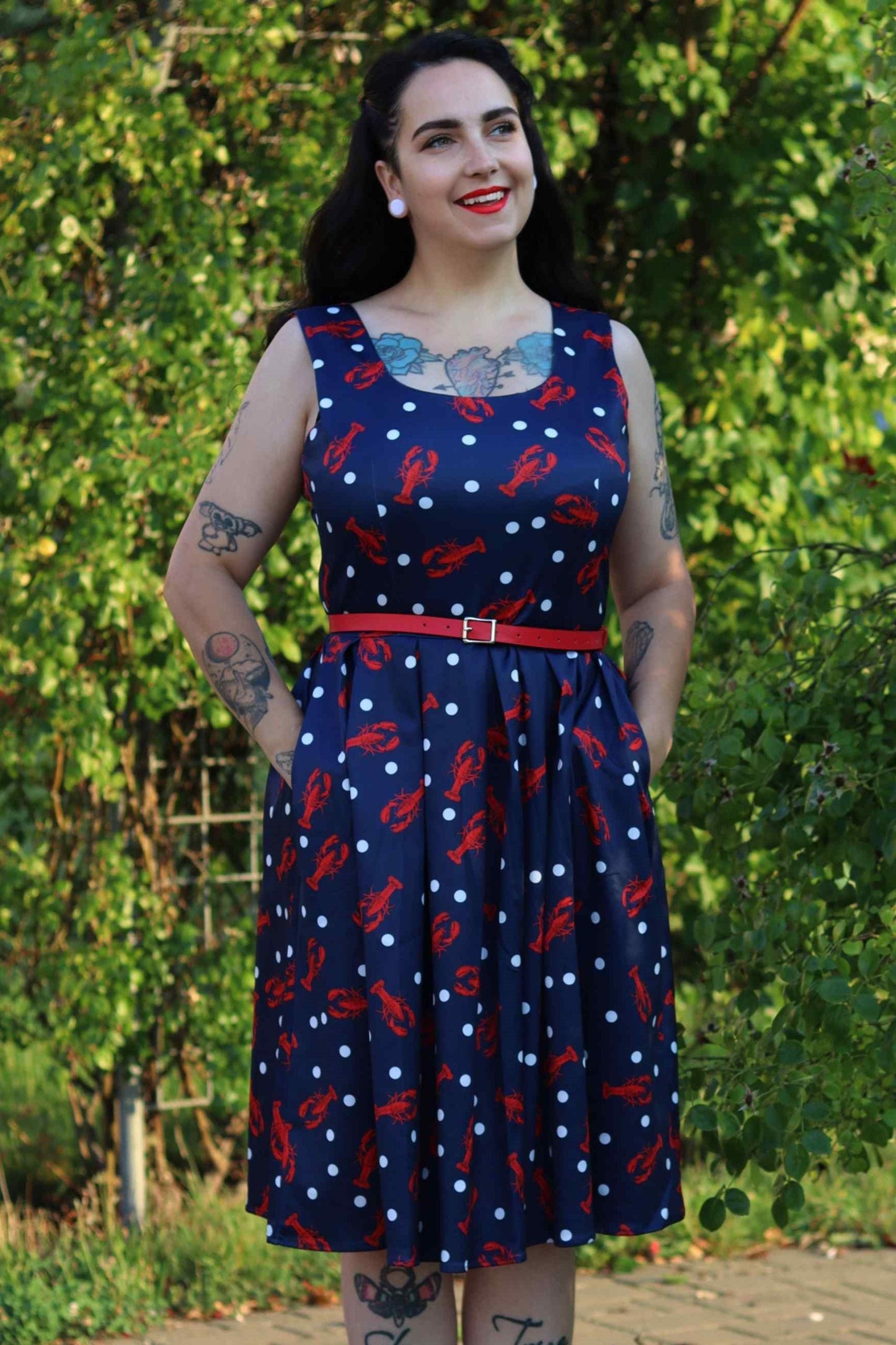 Gorgeous Amanda 50s Inspired Navy Swing Dress with Red Lobsters and White Dots