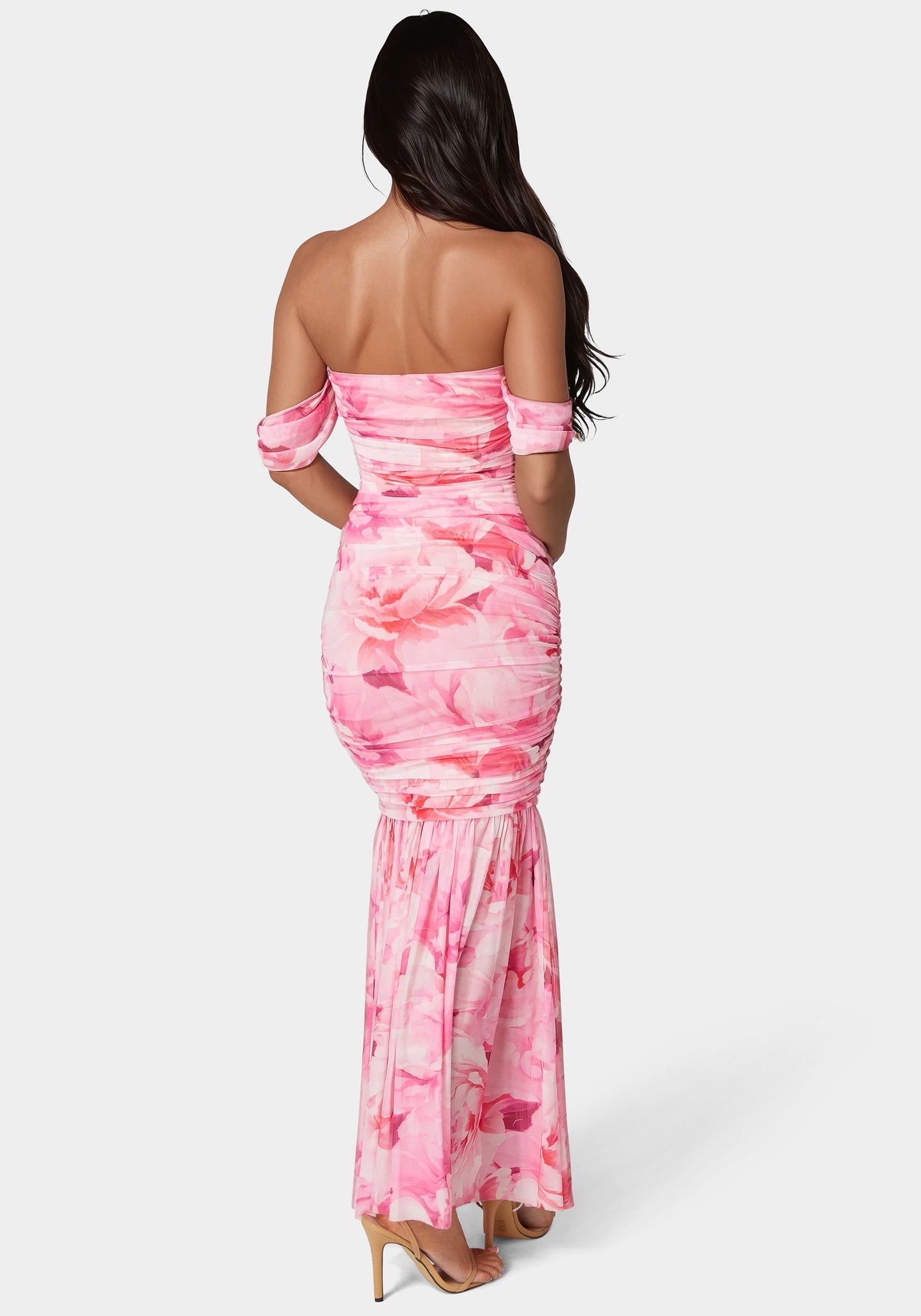 Off Shoulder Ruched Mesh Gown