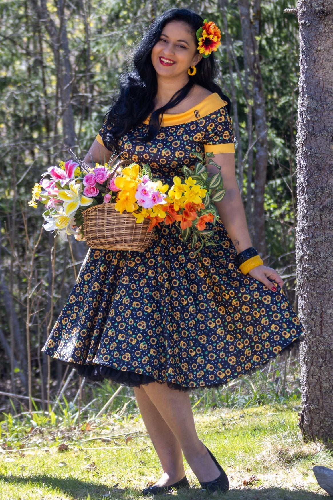 Darlene Black Sunflower Swing Dress