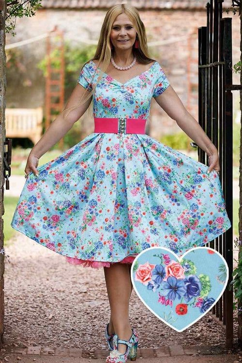 Lily Blue Hydrangea Off Shoulder Dress In Cotton
