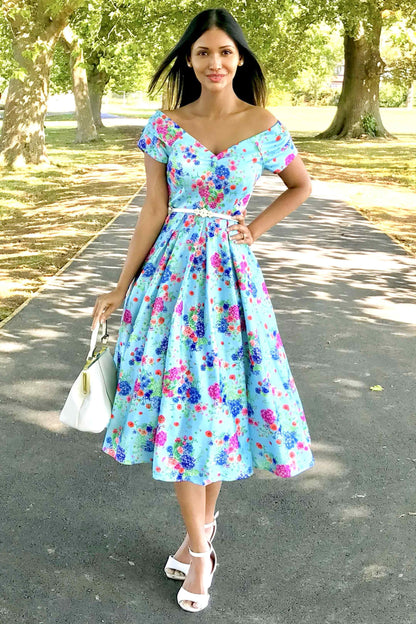 Lily Blue Hydrangea Off Shoulder Dress In Cotton