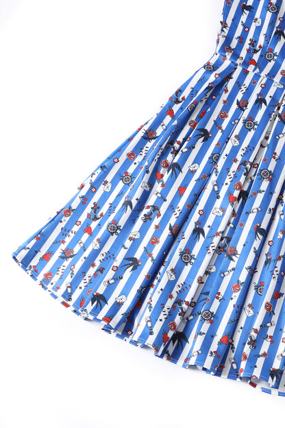 Amanda Blue Striped Rockabilly Swallow Swing Dress