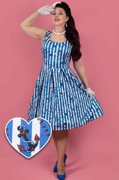 Amanda Blue Striped Rockabilly Swallow Swing Dress