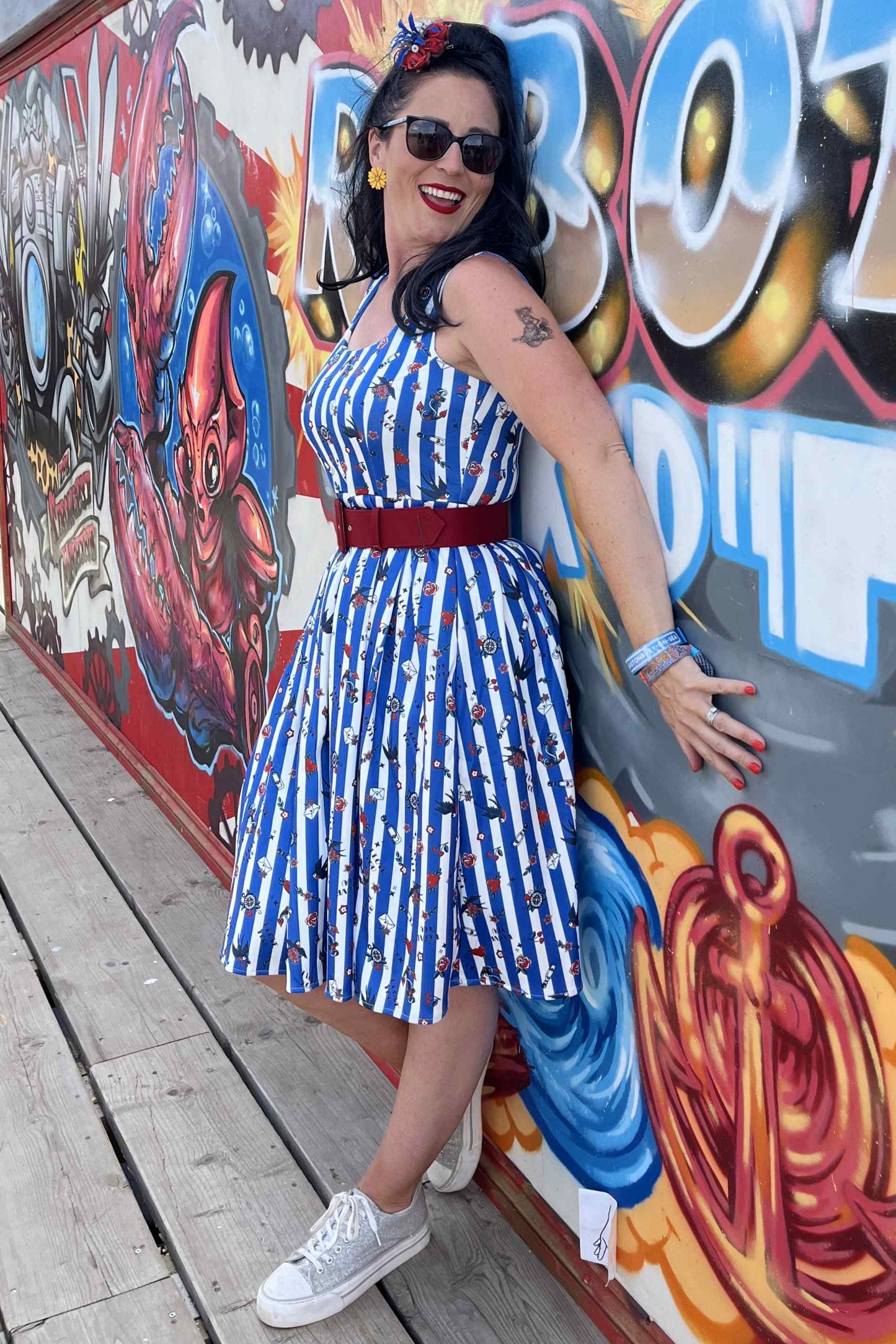 Amanda Blue Striped Rockabilly Swallow Swing Dress