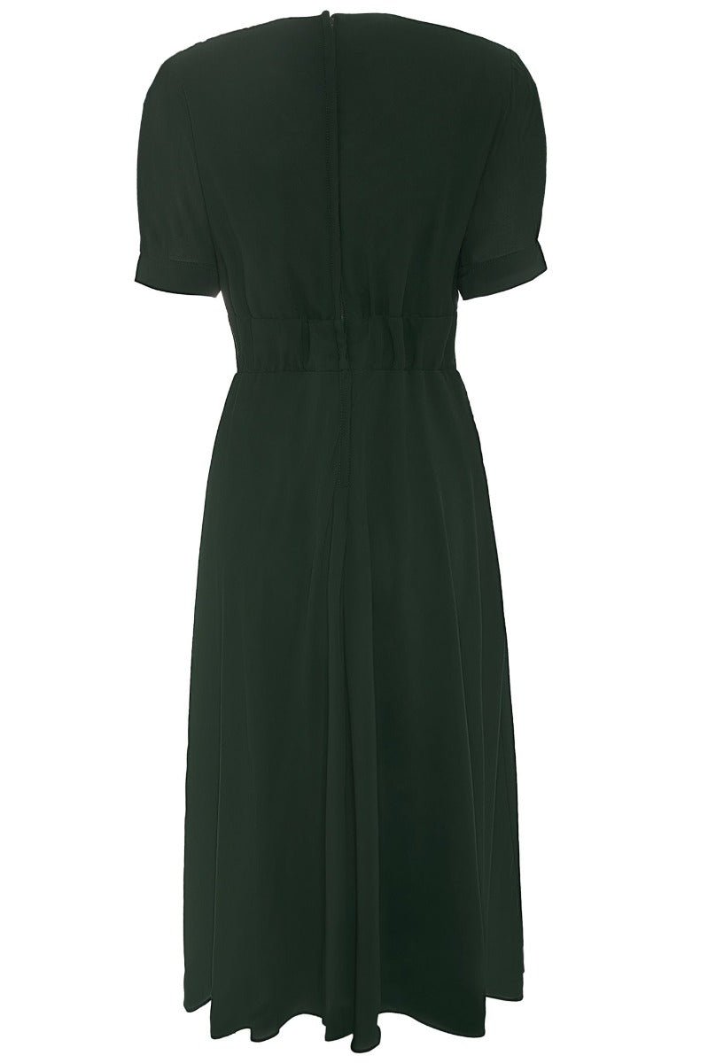 Elise 40's Balloon Sleeved Chiffon Dress in Dark Green