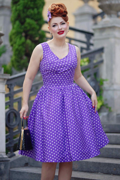 May Crossover Bust Purple White Polka Dot Dress