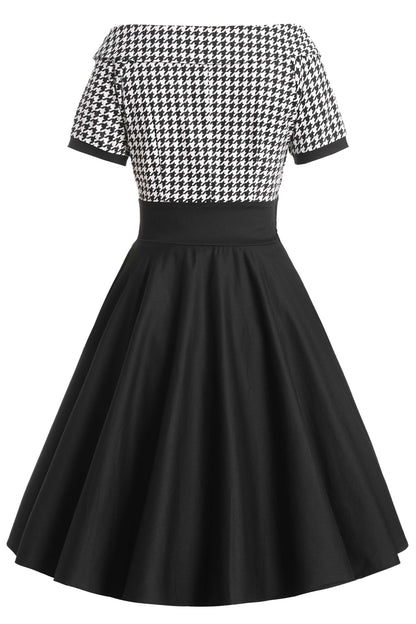 Darlene Houndstooth Roll Collar Circle Dress