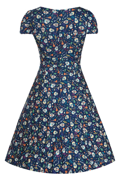 Claudia Navy Blue Dress with Day of the Dead Sugar Skulls