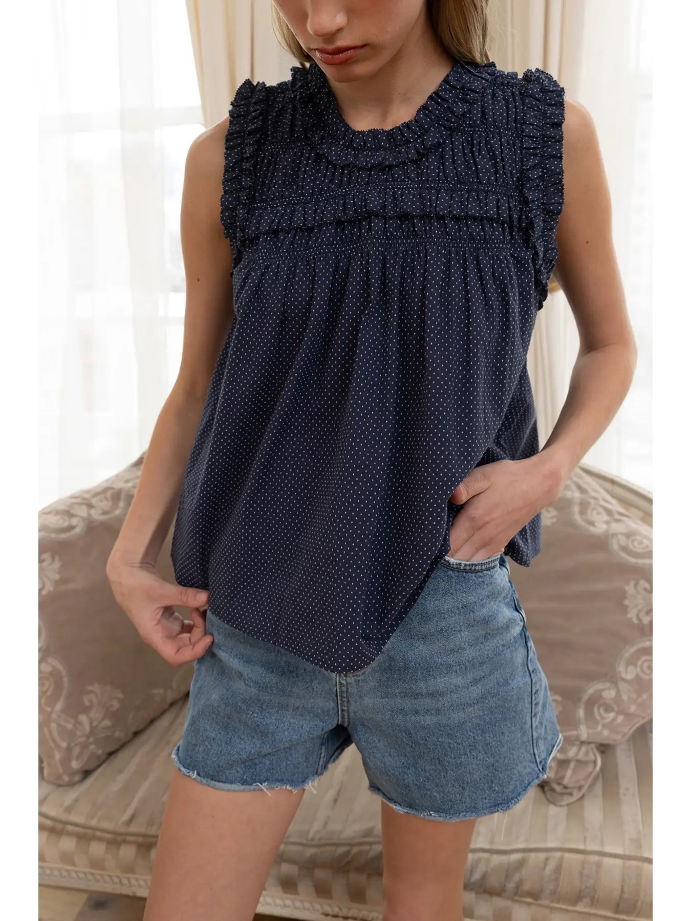 Flowy Mini Dot Ruffle Blouse