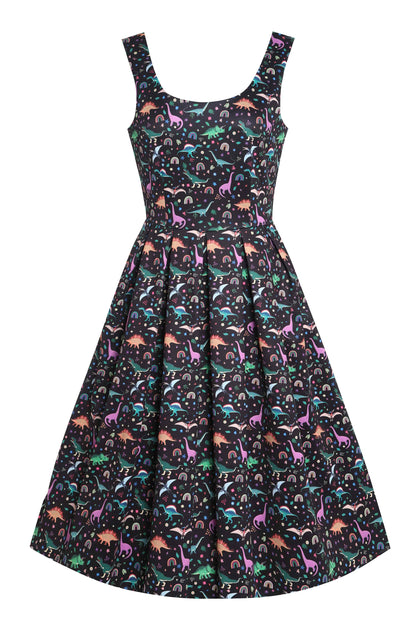 Amanda Black Flared Dress in Dinosaur & Rainbow Print