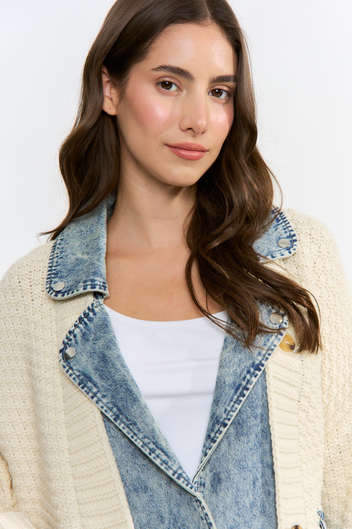 Waitlist 8/25 • Clarissa Long Sleeve Cable Knit Denim Trim One Size Shacket Ivory