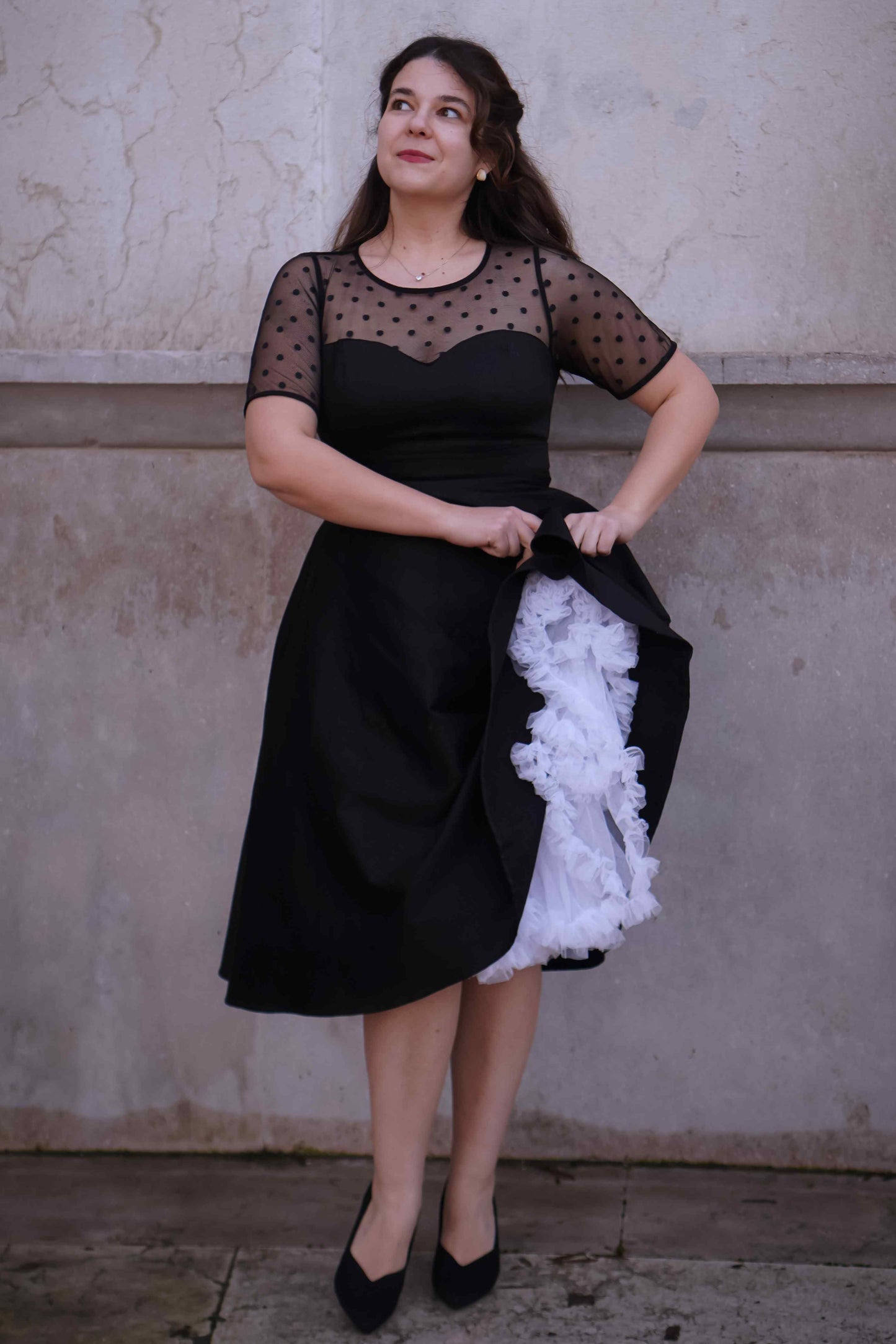 Elizabeth II Short Sleeved Polka Dot Mesh Dress