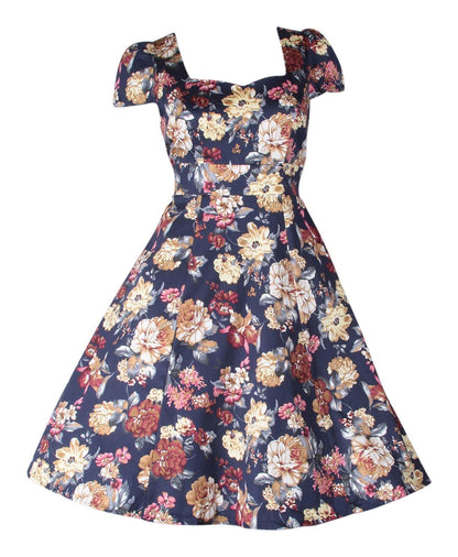 Claudia Flirty Fifties Swing Floral Dress in Blue