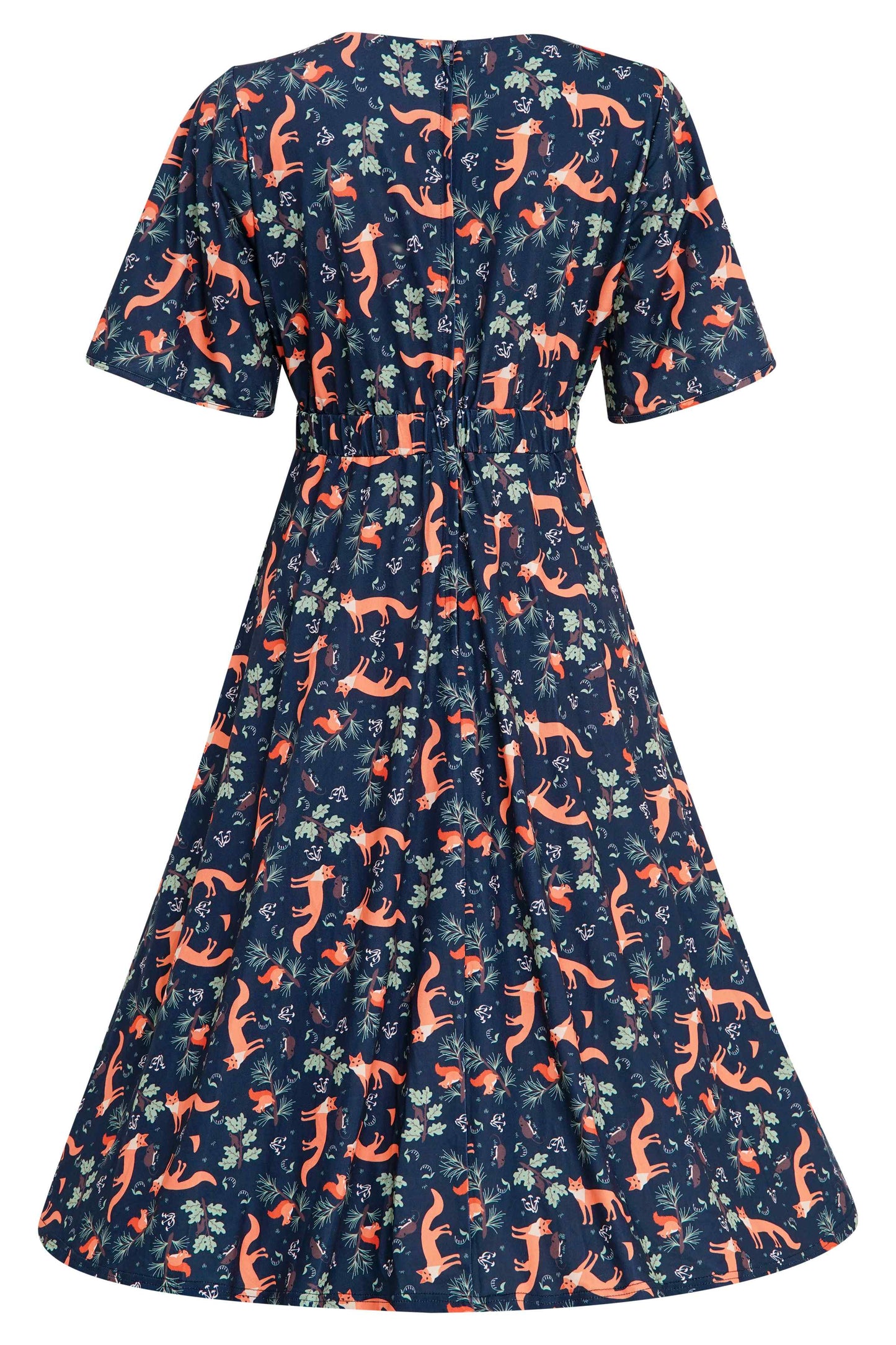 Janice Petal Sleeve Tea Dress in Navy Blue Fox Print