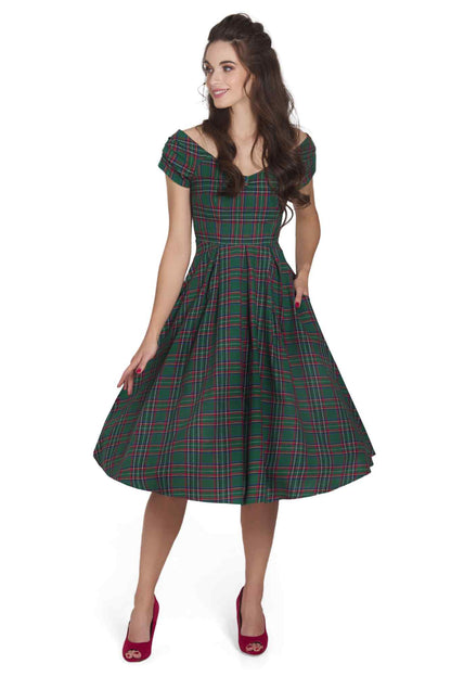 Lily Green Tartan Off Shoulder Swing Dress