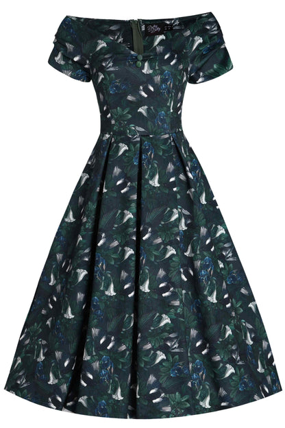 Lily Dark Green Off Shoulder Dress In Magpie Print
