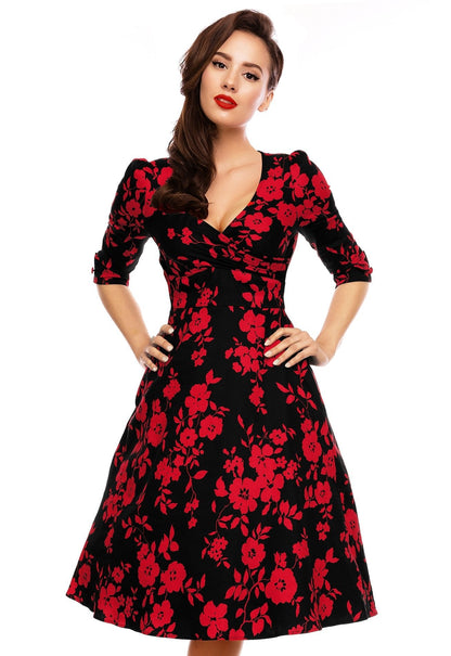 Katherine Long Sleeve 50's Style Swing Dress in Black-Red Floral