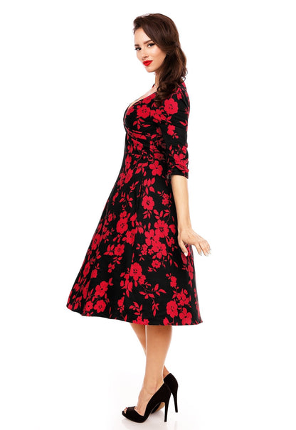 Katherine Long Sleeve 50's Style Swing Dress in Black-Red Floral