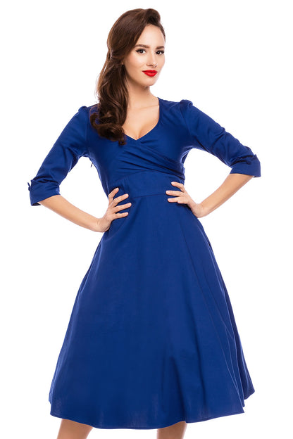 Katherine Long Sleeve 50s Style Swing Dress in Dark Blue