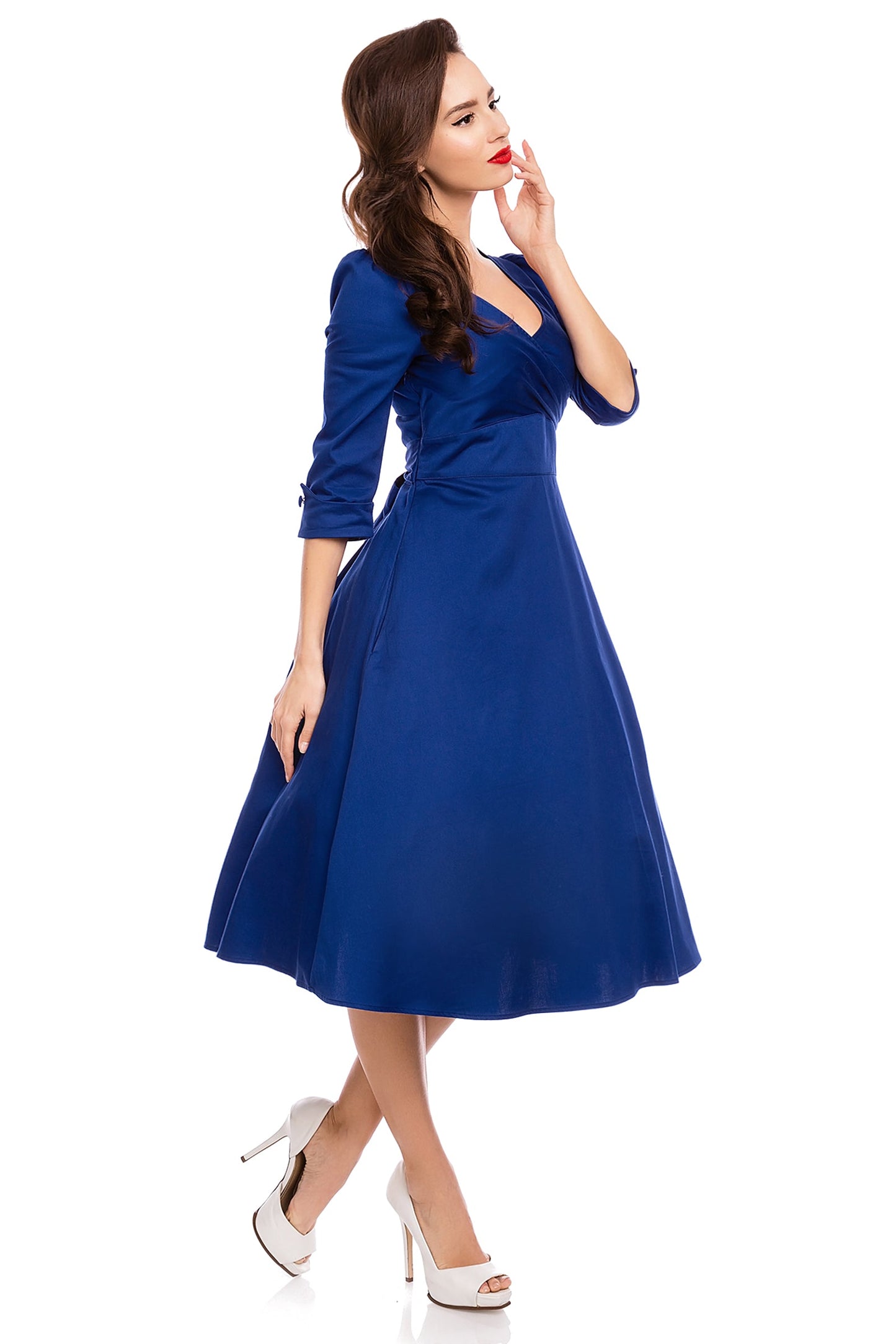 Katherine Long Sleeve 50s Style Swing Dress in Dark Blue