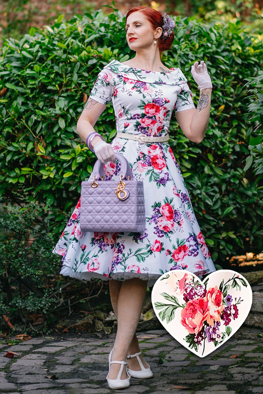 Darlene Retro Floral  Swing Dress in White