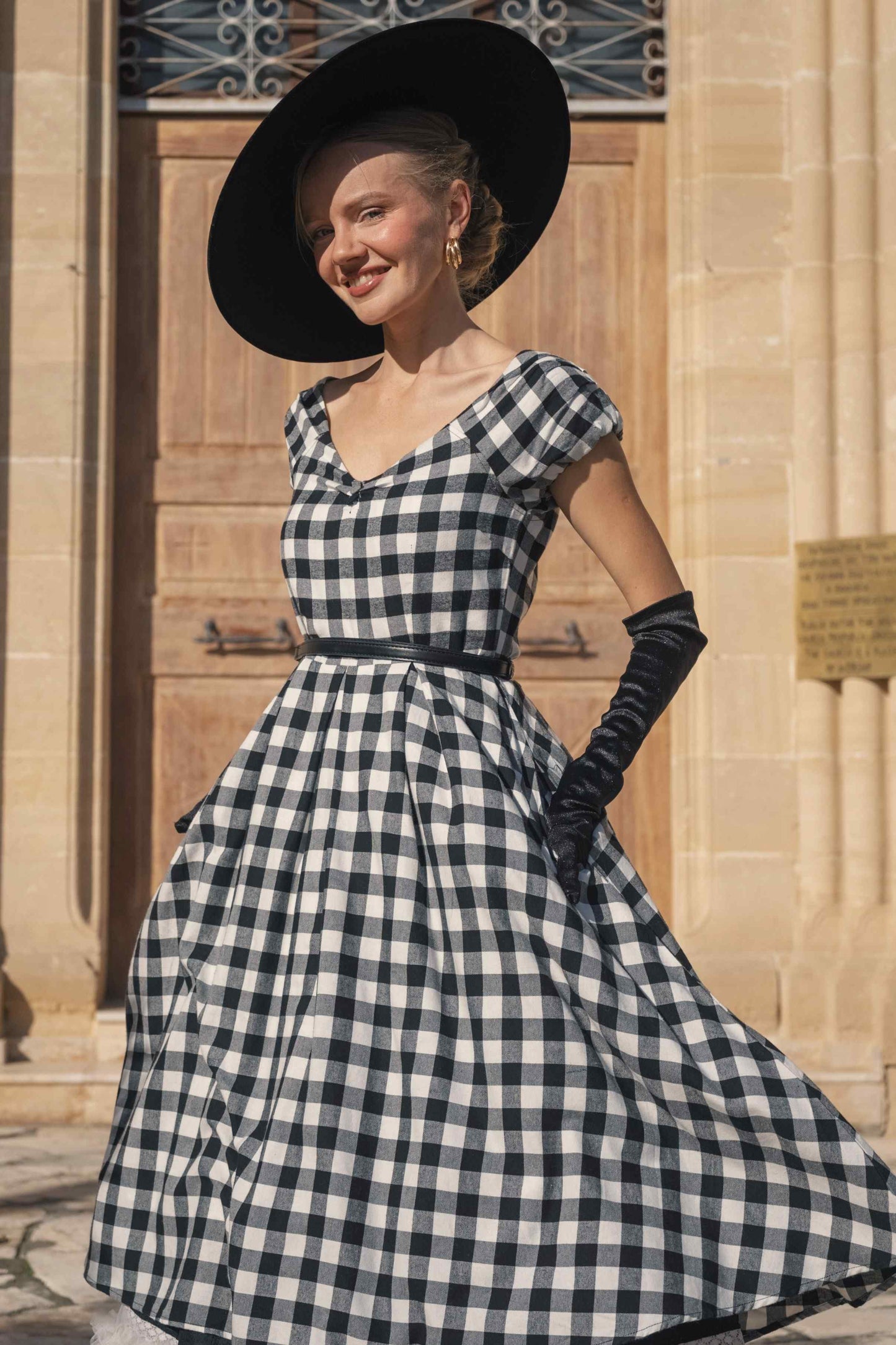 Lily Off Shoulder Black Gingham Check Circle Dress