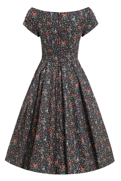 Lily Owl & Deer Off Shoulder Dress In Dark Green