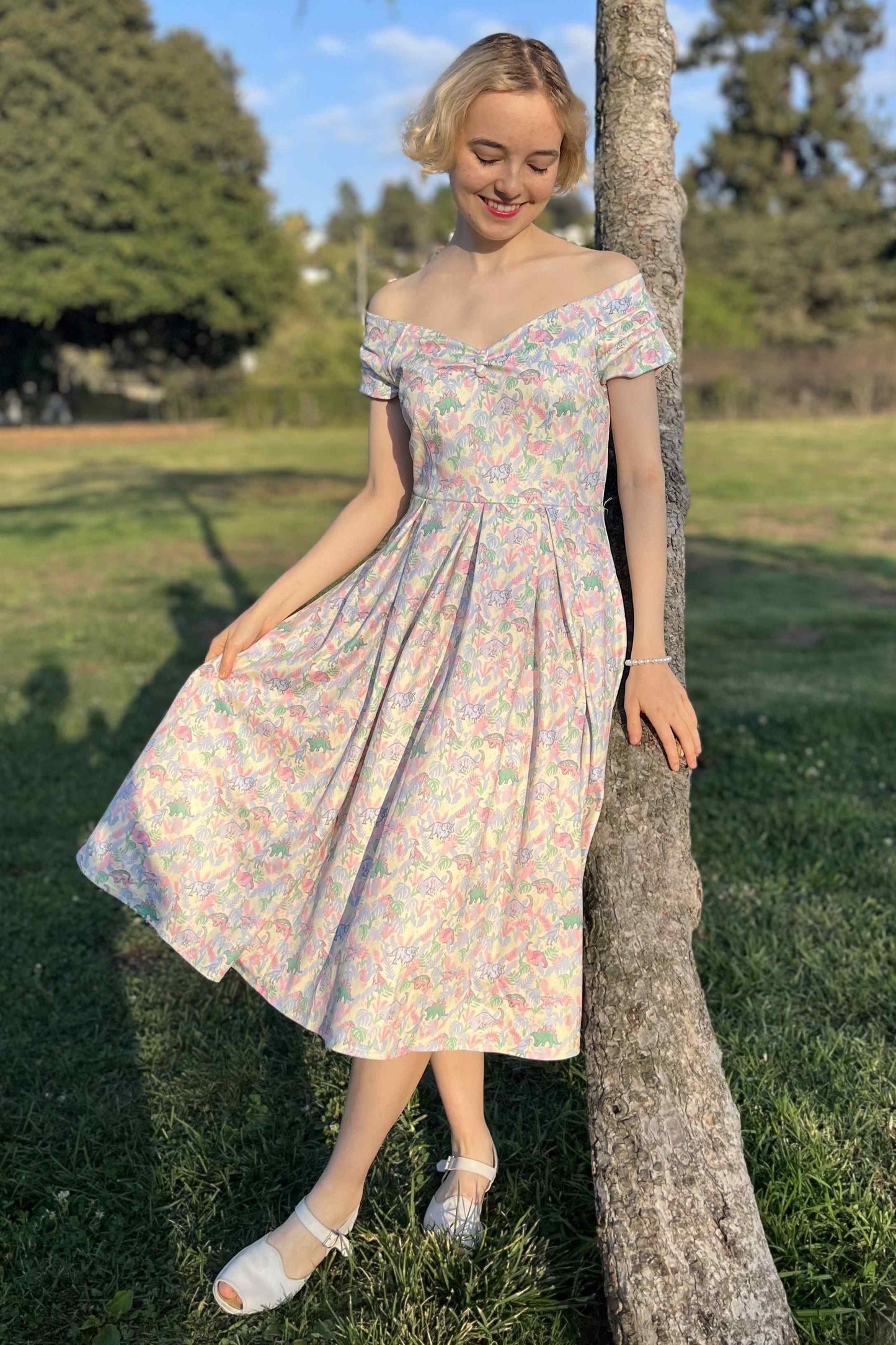 Lily Pastel Dinosaur Off Shoulder Dress