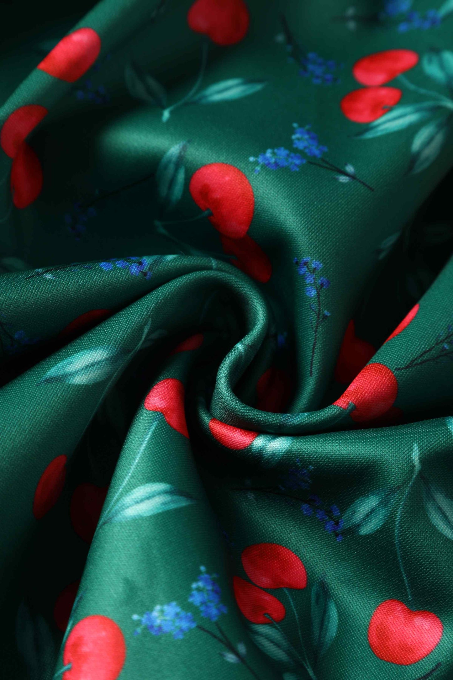 Amanda Cotton Red Cherry Flared Dress In Green