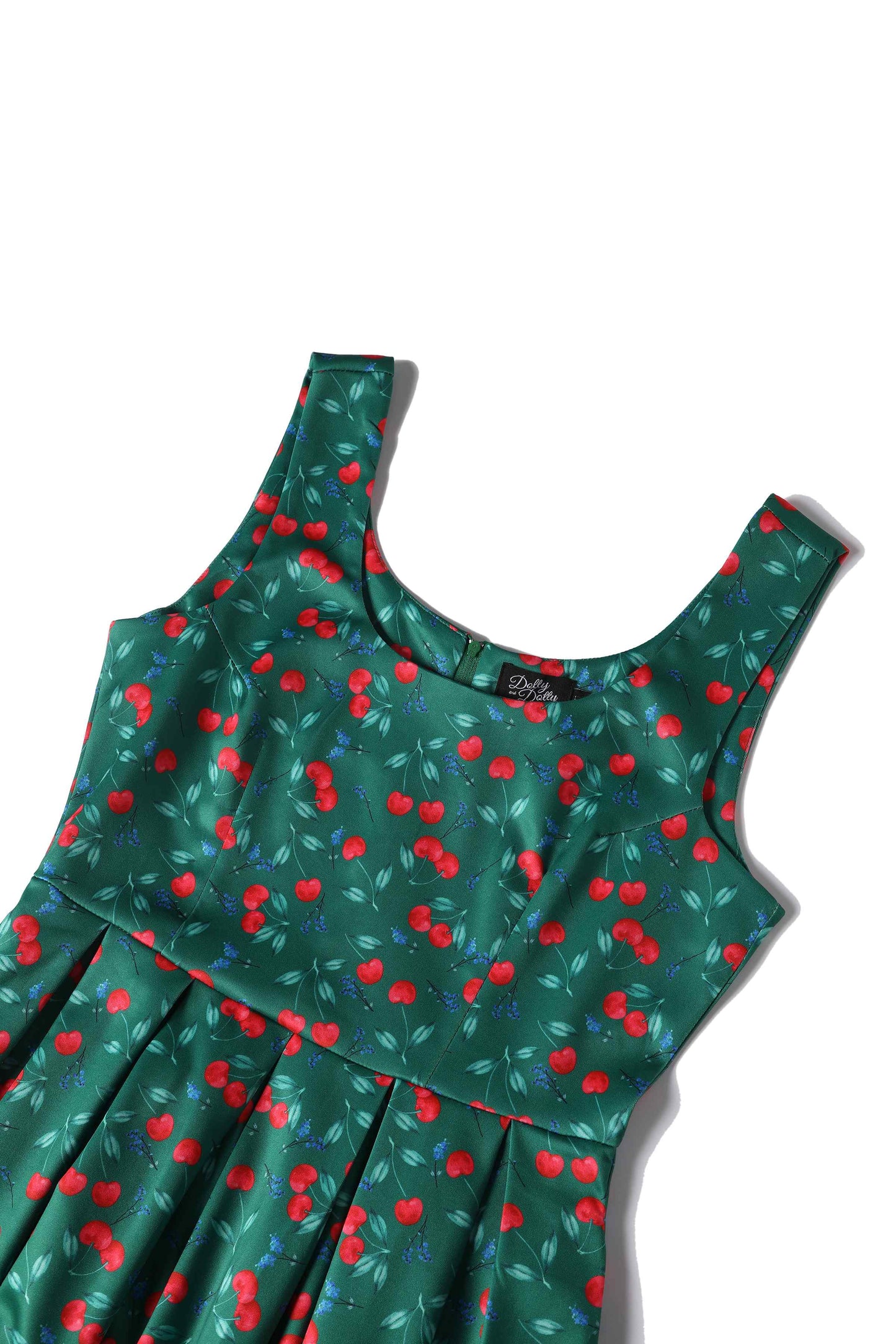 Amanda Cotton Red Cherry Flared Dress In Green