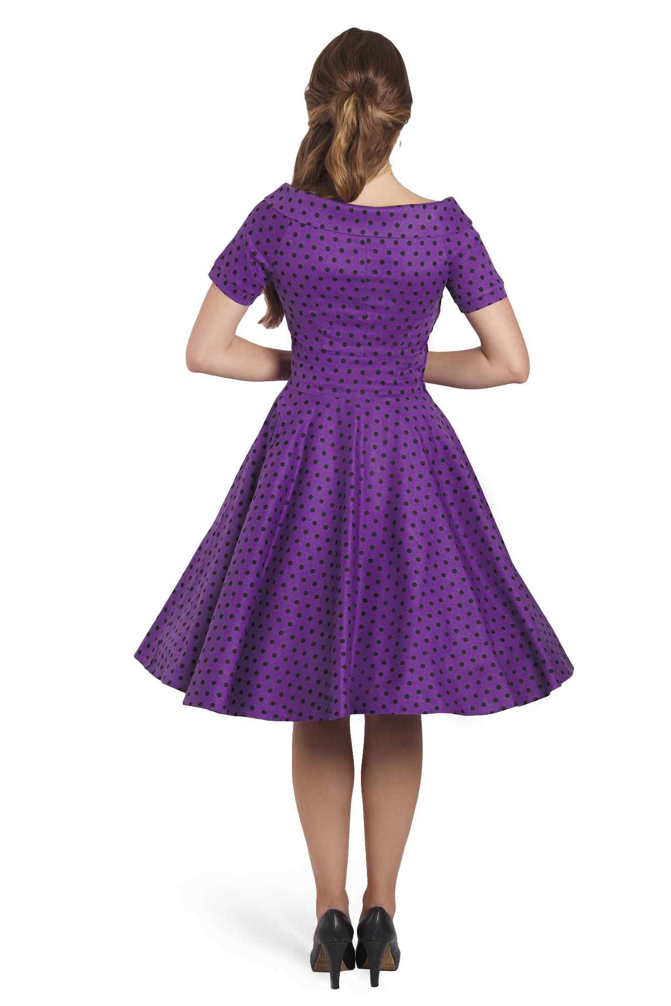Darlene Retro Polka Dot Swing Dress in Purple