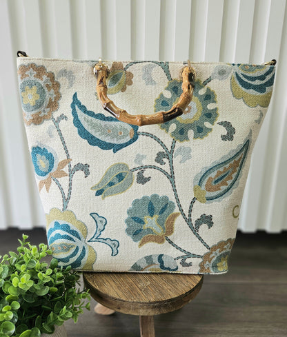 Green Print Bag with Wood Handles