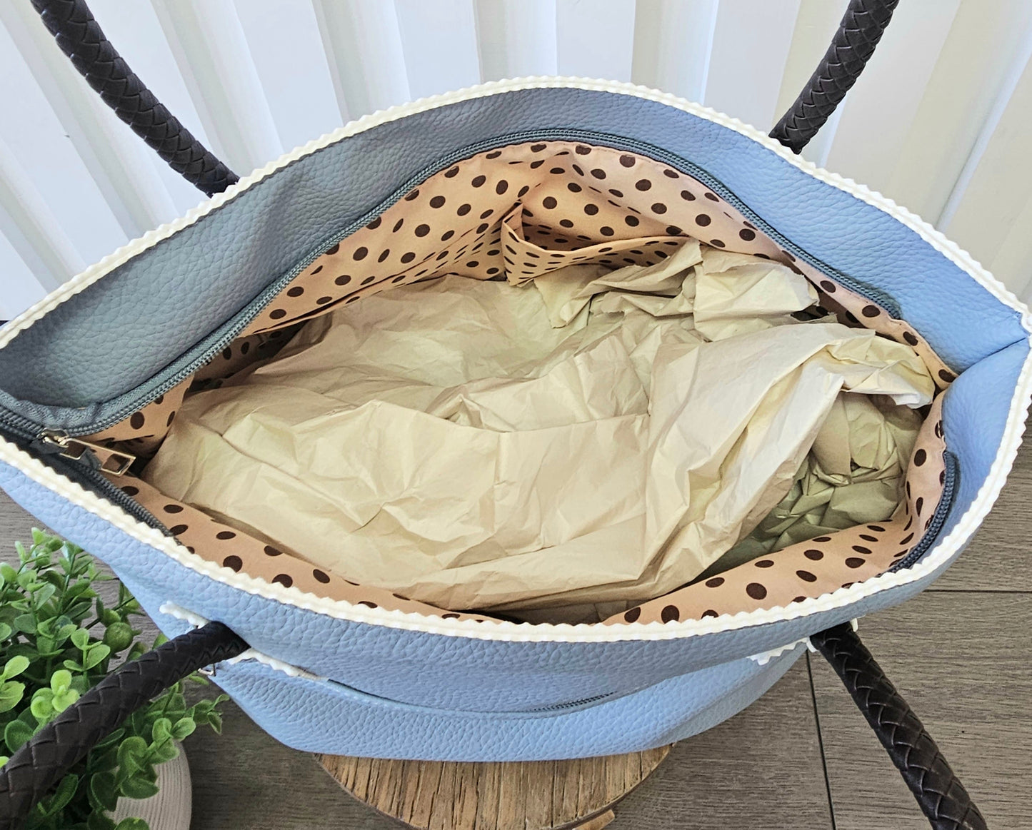 Leather Flower Temple Tote - Blue